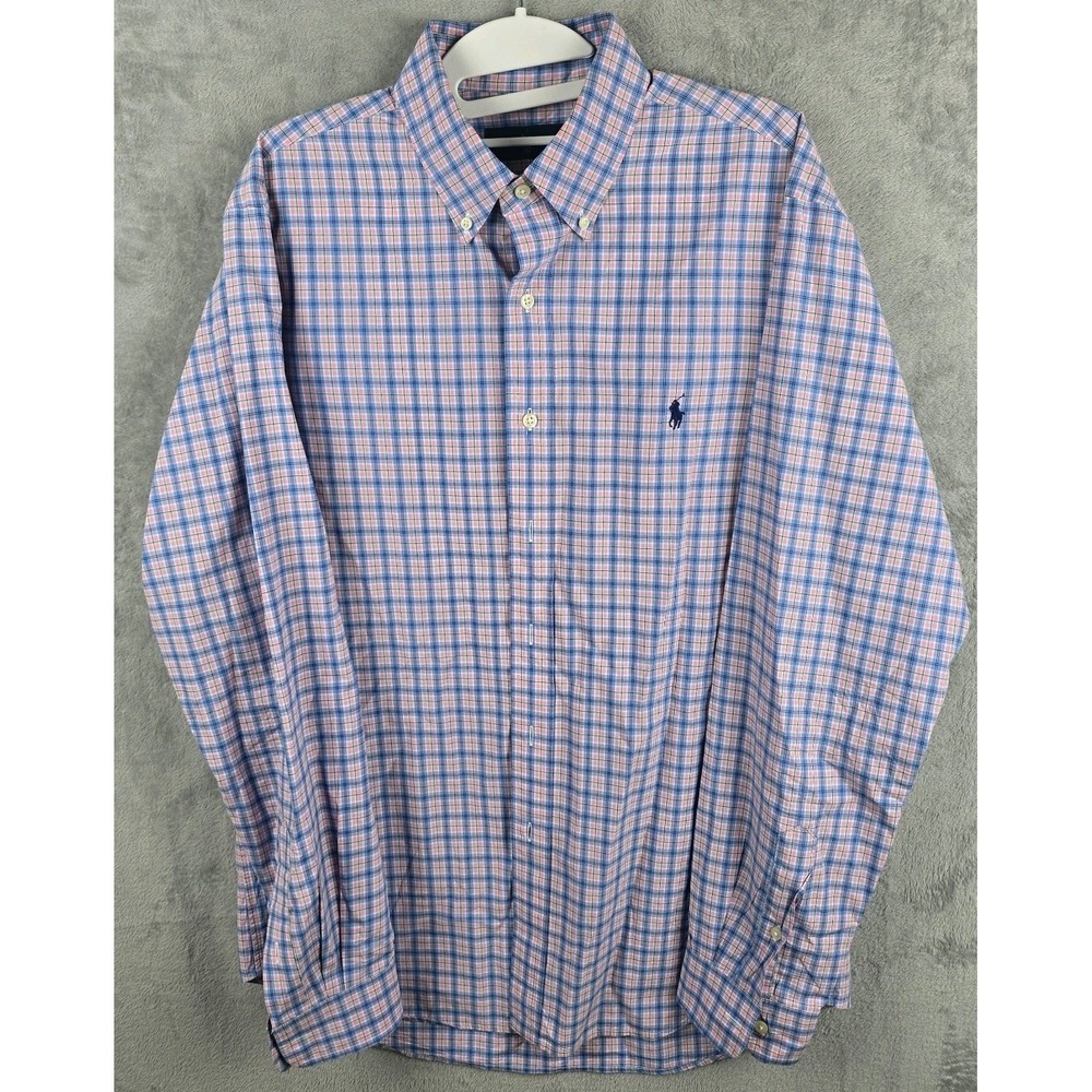 Ralph Lauren Mens Large Blue Pink Plaid Cotton‎ Button Down Long Sleeve Shirt LG